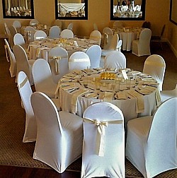 LINEN: Table Cloths, Chair Covers, Runners, Overlays, Napkins, Tiebacks.  Various colours and patterns.