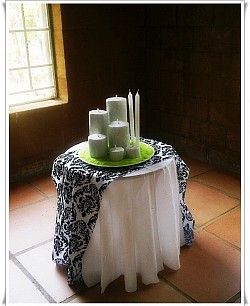 Small round cake table, white table cloth full length