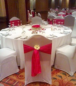 White and cerise pink - silk cerise pink tiebacks, white stretch chair covers, white full length table cloths