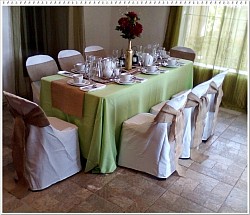 Hessian runners and tiebacks, green table cloth