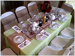 Crockery: cups, saucers, cake forks, teaspoons, Forks, teapots, water jugs, cream napkins, Hessian runner,